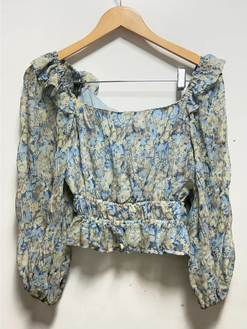 Astr Floral Square-Neck Smocked Peplum Blouse - Light Blue & Cream